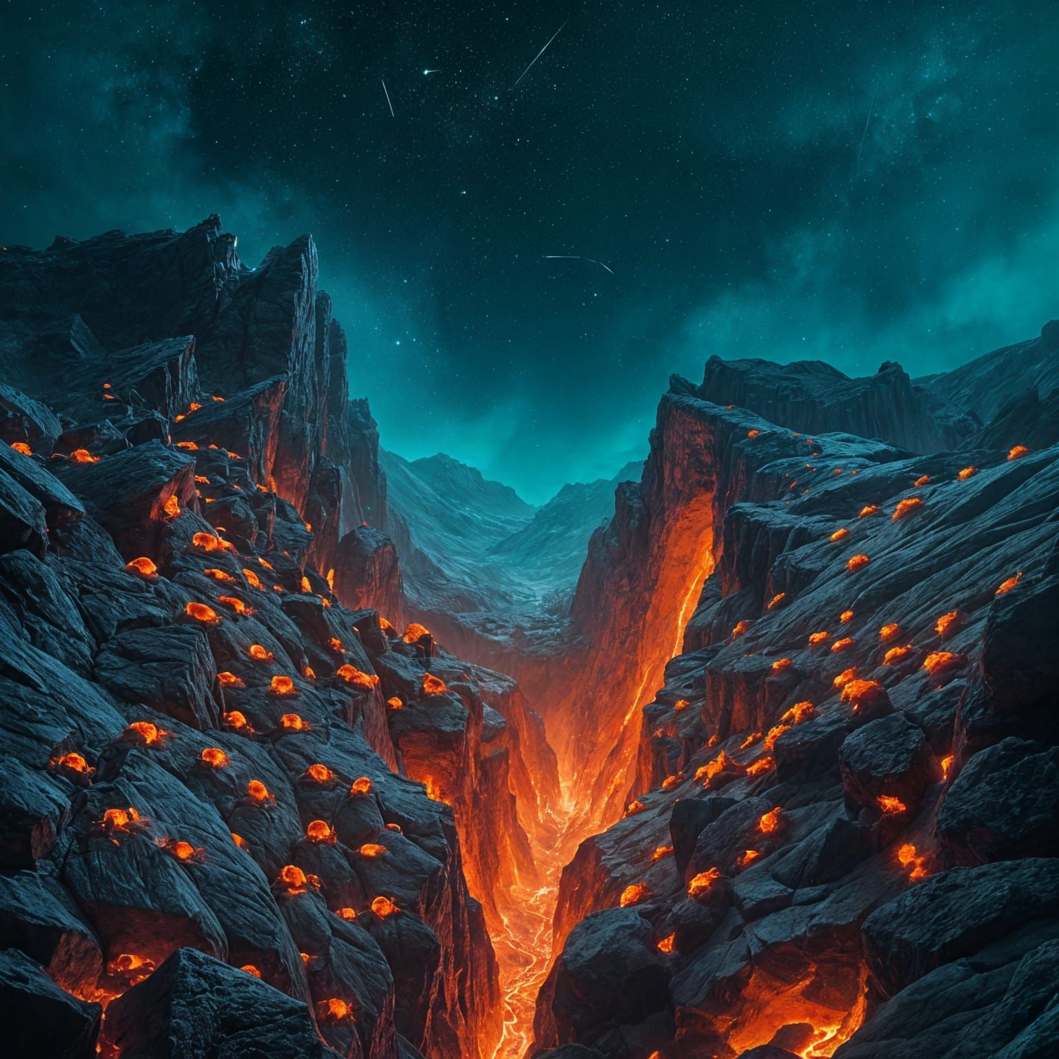 Lava Crack Births Alien Creatures at Night
