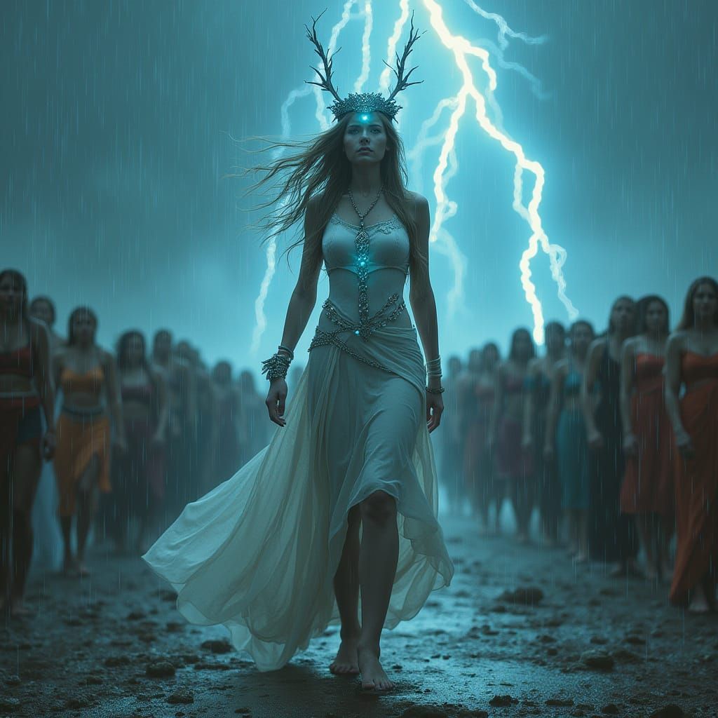 Warrior Queen Reigns Over Stormy Battlefield in Cyberpunk St...