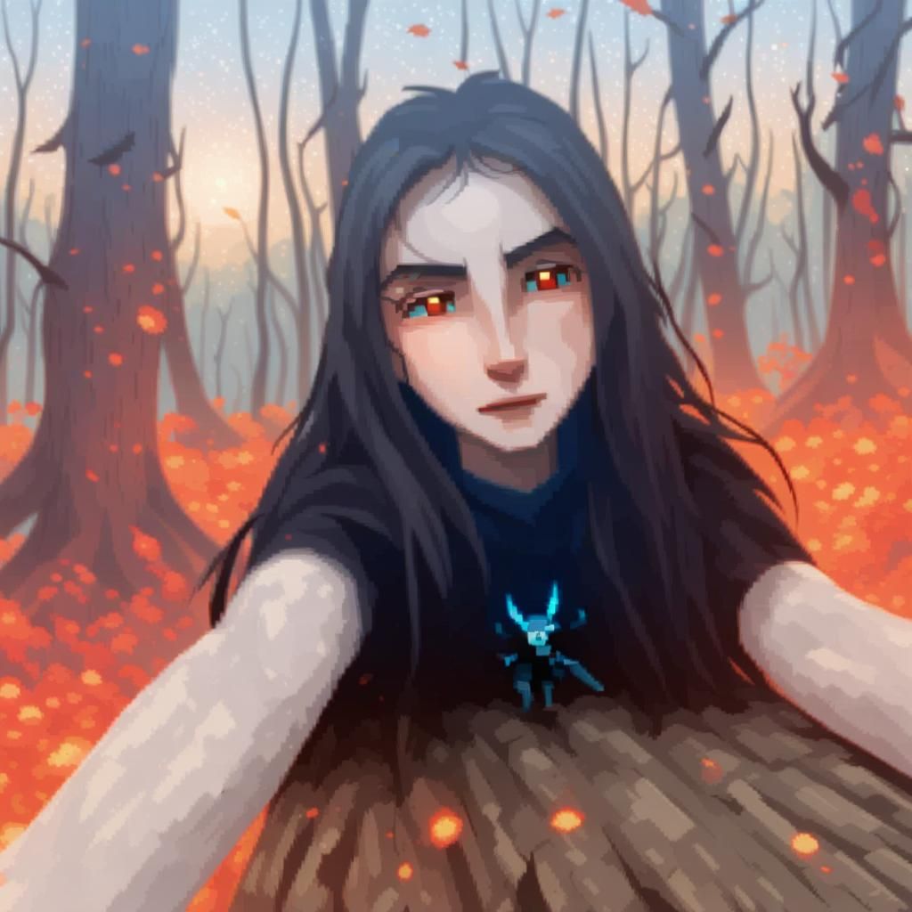 Pixel Art Creature with Glowing Sword in Forest