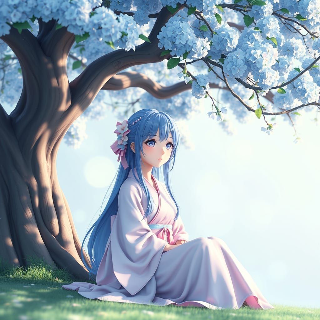 Anime Girl in Enchanted Blue Bloom Paradise