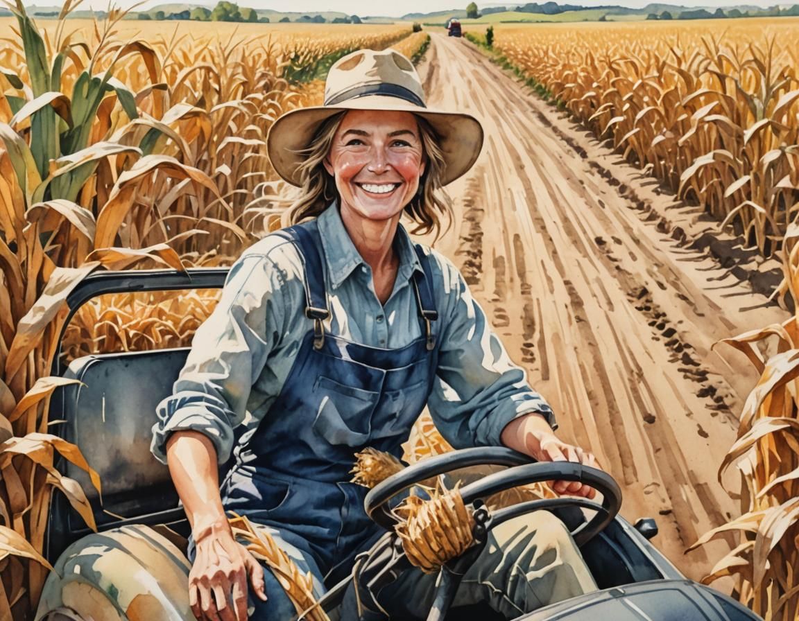 Woman Farmer Driving Truck in Watercolor Cornfield