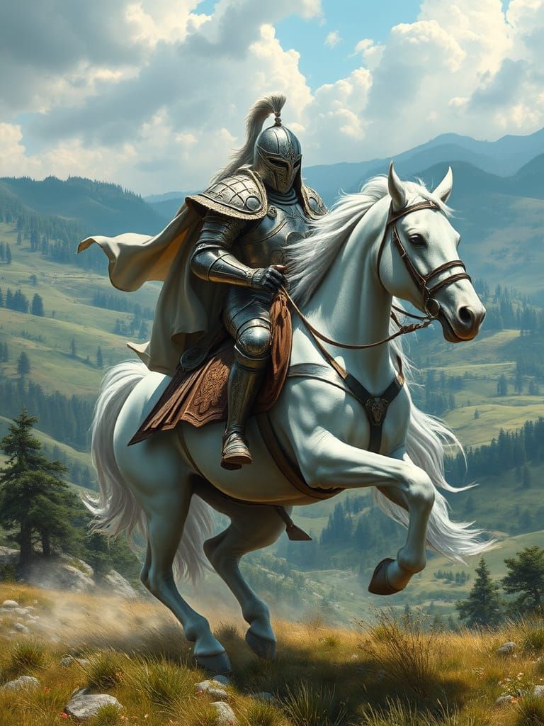Majestic White Horse Knight in Epic Fantasy Landscape