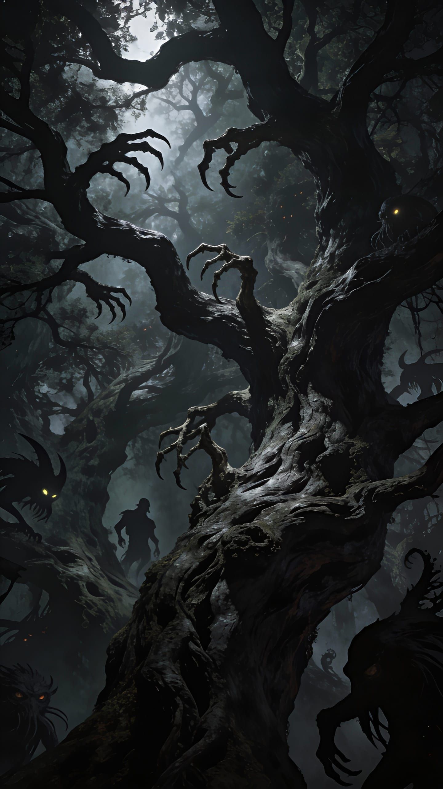 Ancient Forest with Spooky Creatures in Dark Fantasy Style