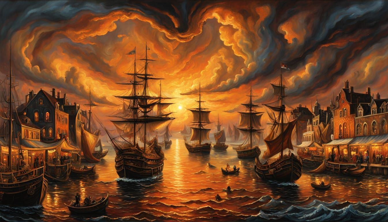 Vibrant Sunset in a Bustling Renaissance Harbor