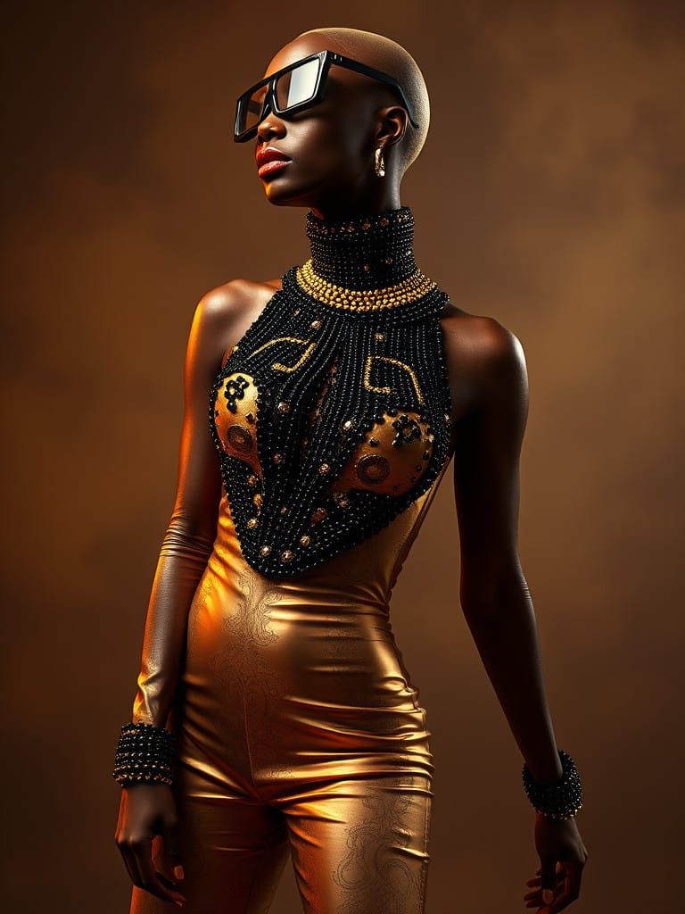 Sultry Afro-Nigro Supermodel in Avant-Garde Gold Beaded Outf...