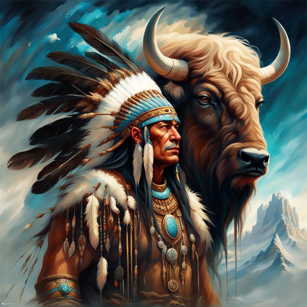 Native American Chief with Buffalo Spirit in Fantasy Art