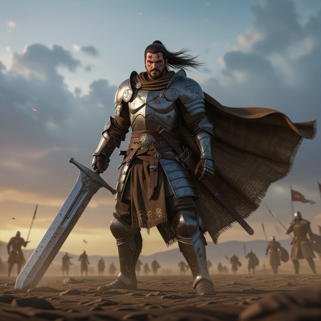 Epic Fantasy Warrior on Battlefield in Dramatic Sky