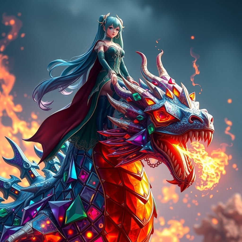 Hatsune Miku as a Fantasy Sorceress on a Kaleidoscope Dragon