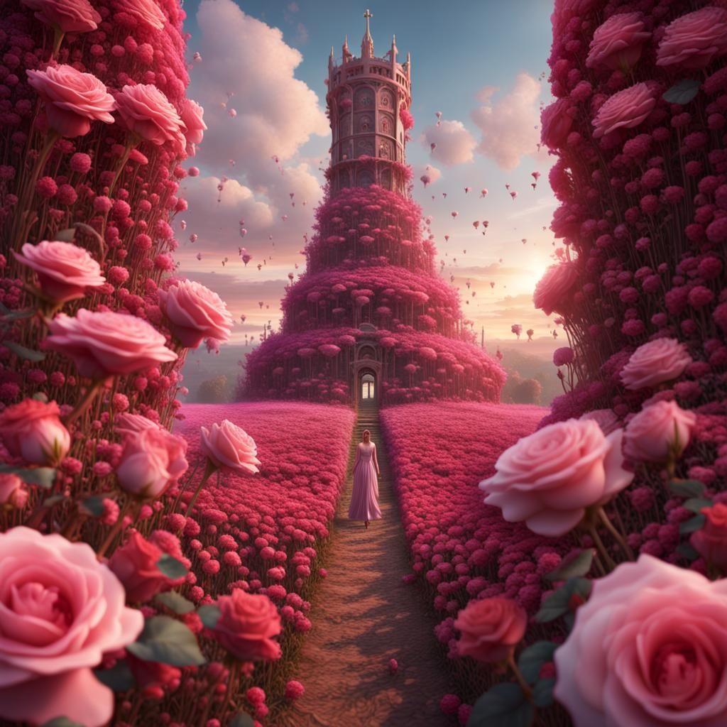 Pink Tower in Flower Field: Fantasy Concept Art