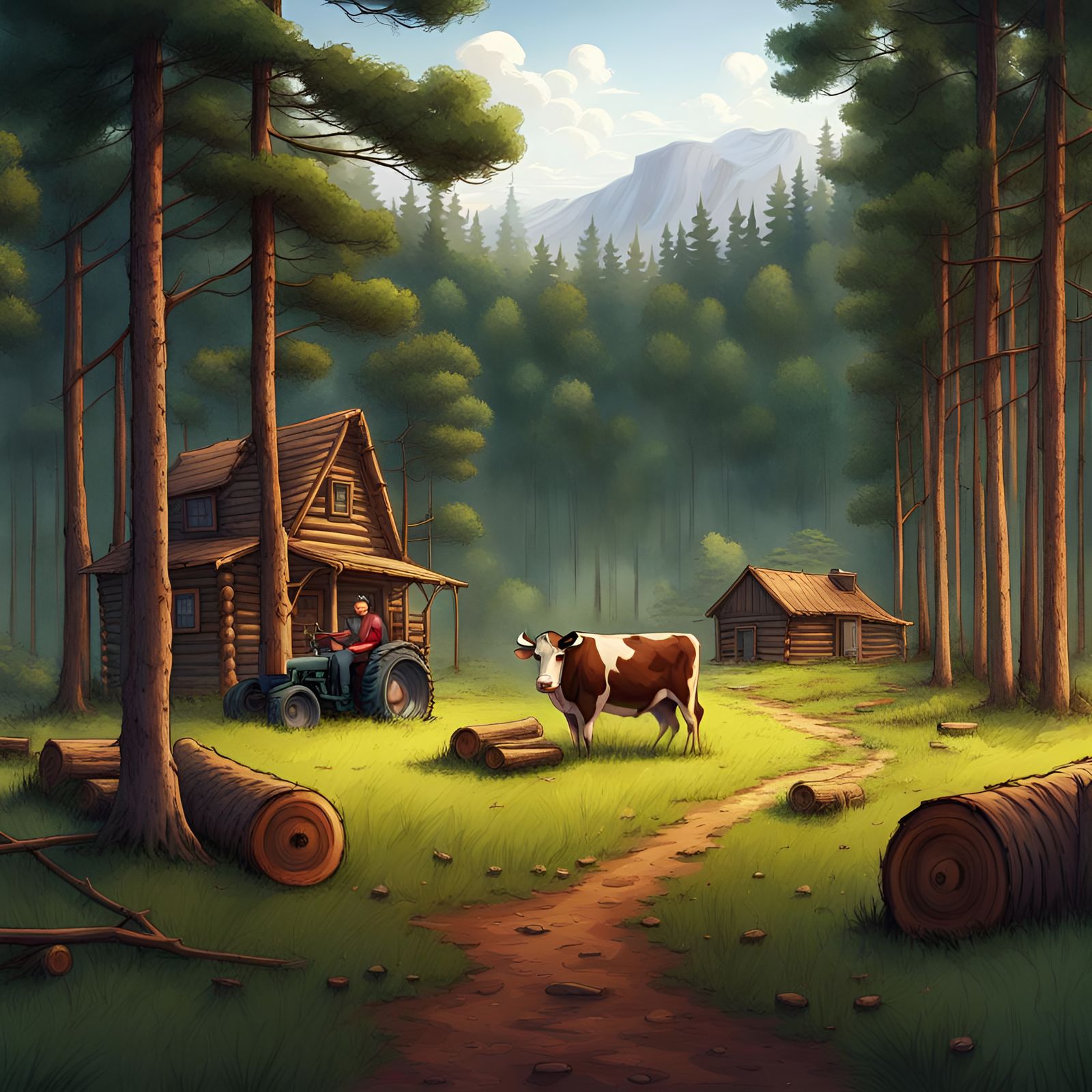 Idyllic Forest Clearing with Cabin and Tractor