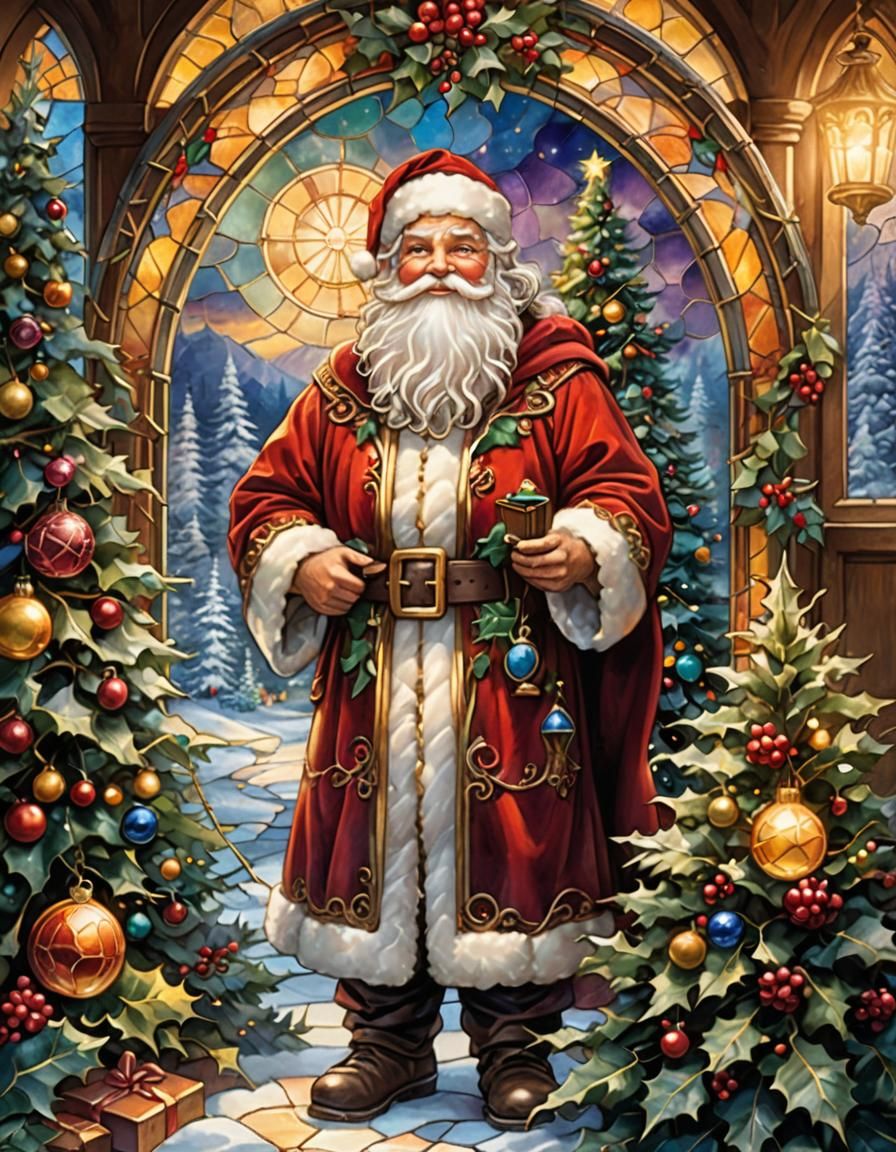 Santa Claus in Stained Glass Kinkade Style