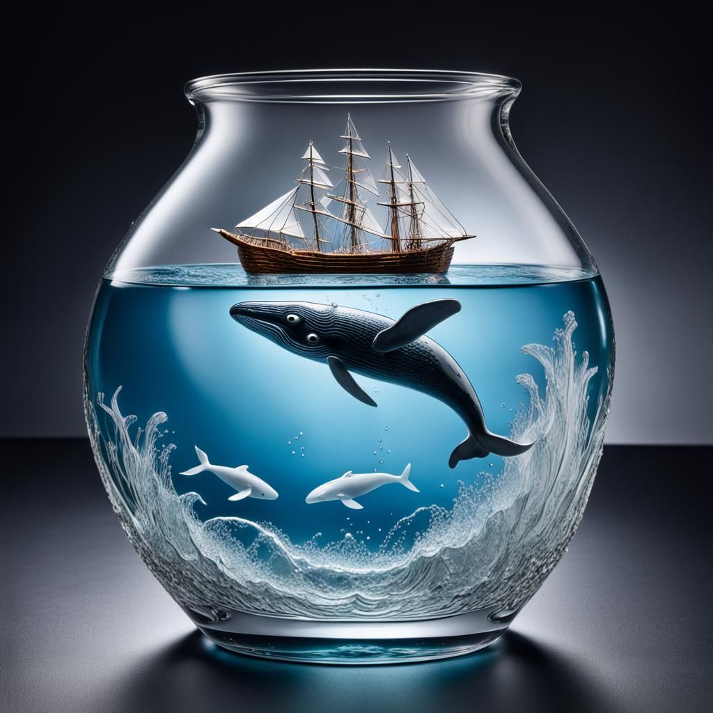 Crystal Whale Sculpture with Glass Sea Storm