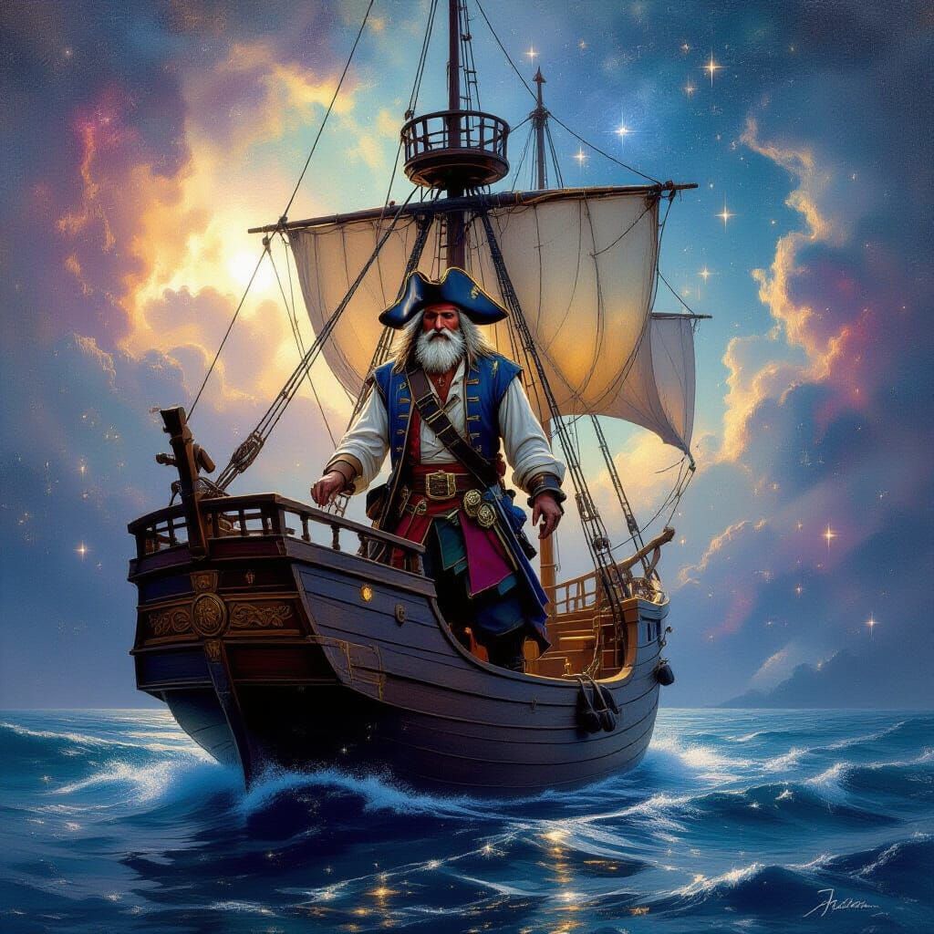 Pirate Captain Navigates Cosmic Nebula in Oil Painting Style