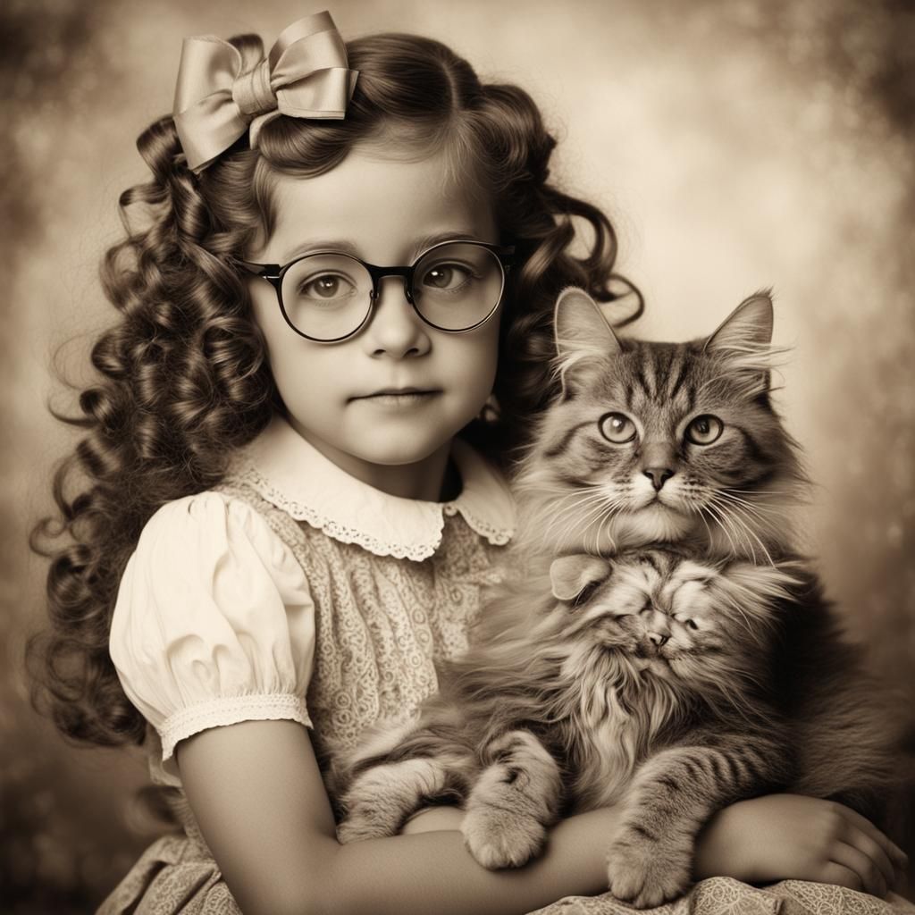 Vintage Photo of Girl with Cat in Sepia Tones