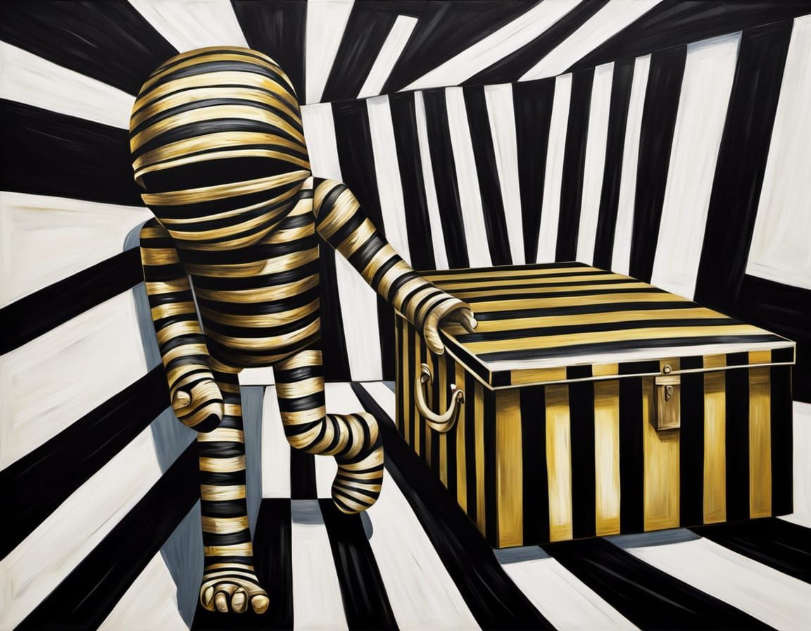 Whimsical Mummy Emerges from Striped Coffin