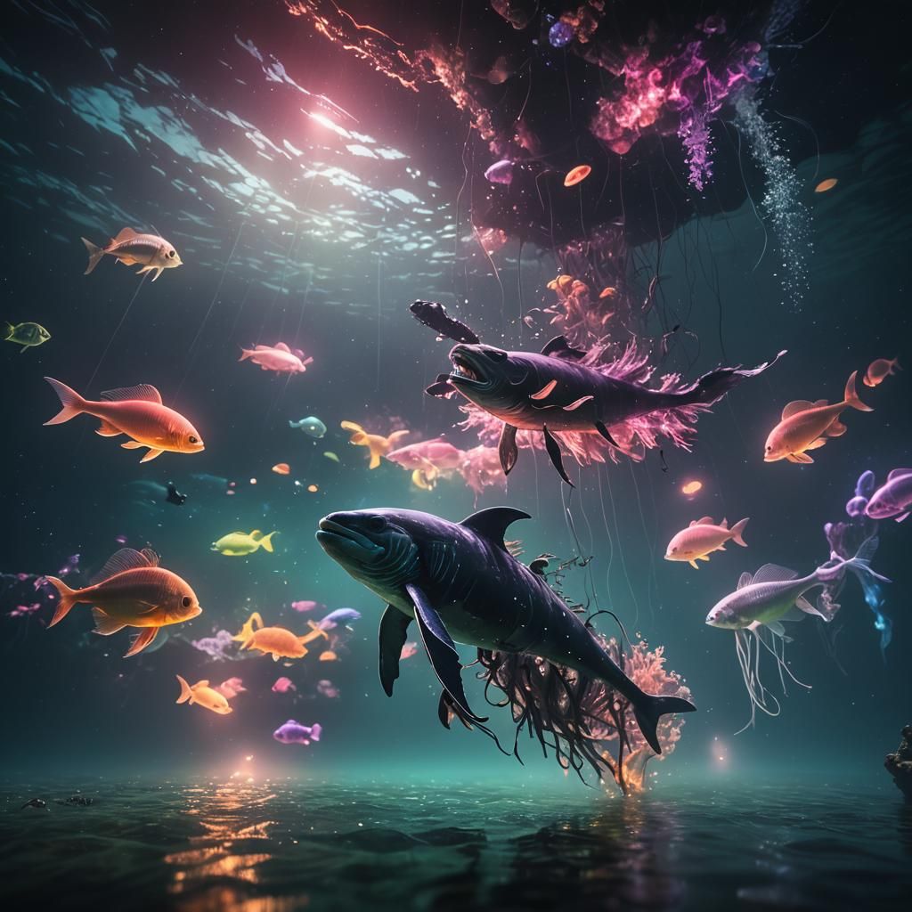 Mystical Ocean Scene with Bioluminescent Creatures