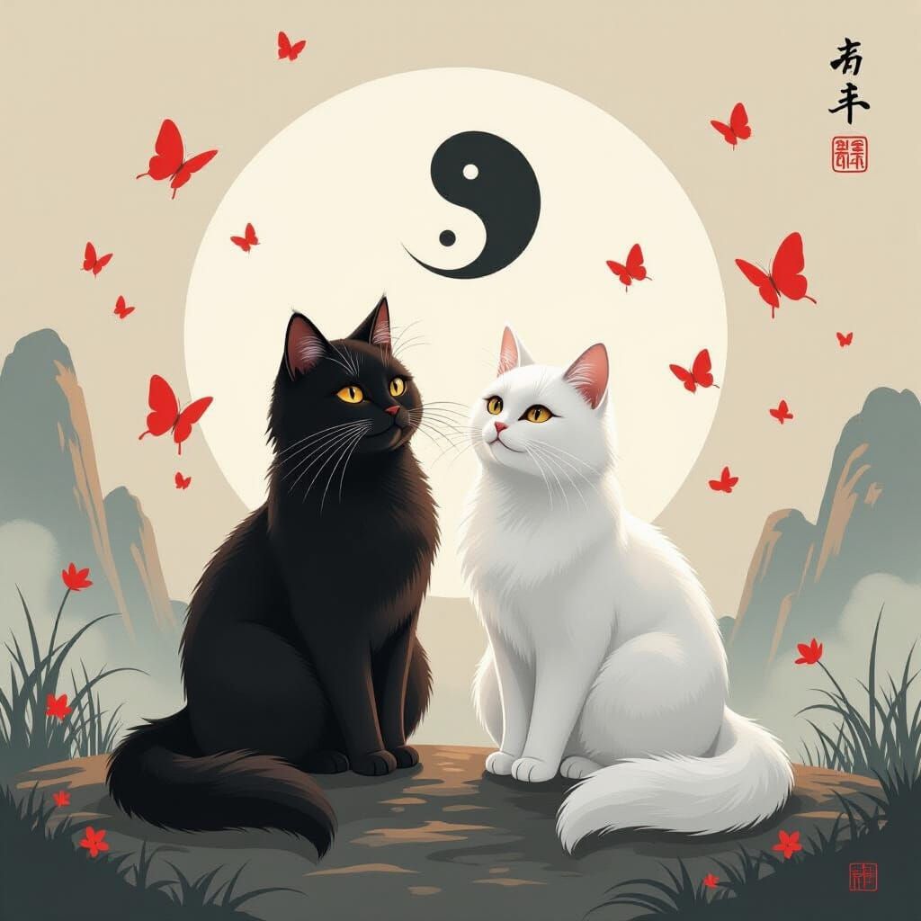 Two Cats on Yin Yang Symbol with Red Butterflies