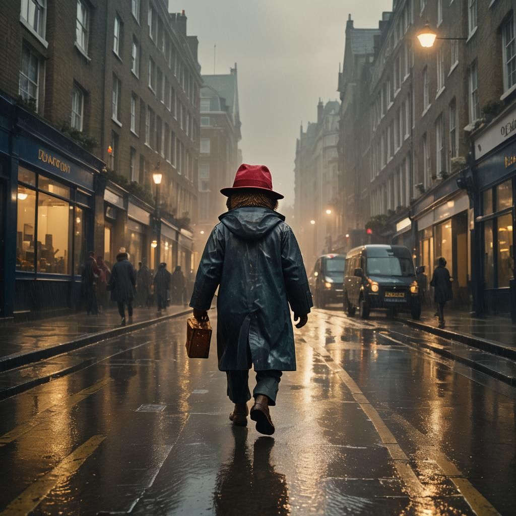 Paddington Bear in Rainy London Street