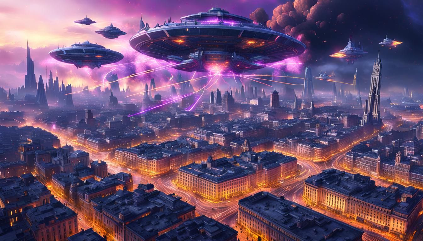 Madrid Night Under Alien Attack: Dark Fantasy Art