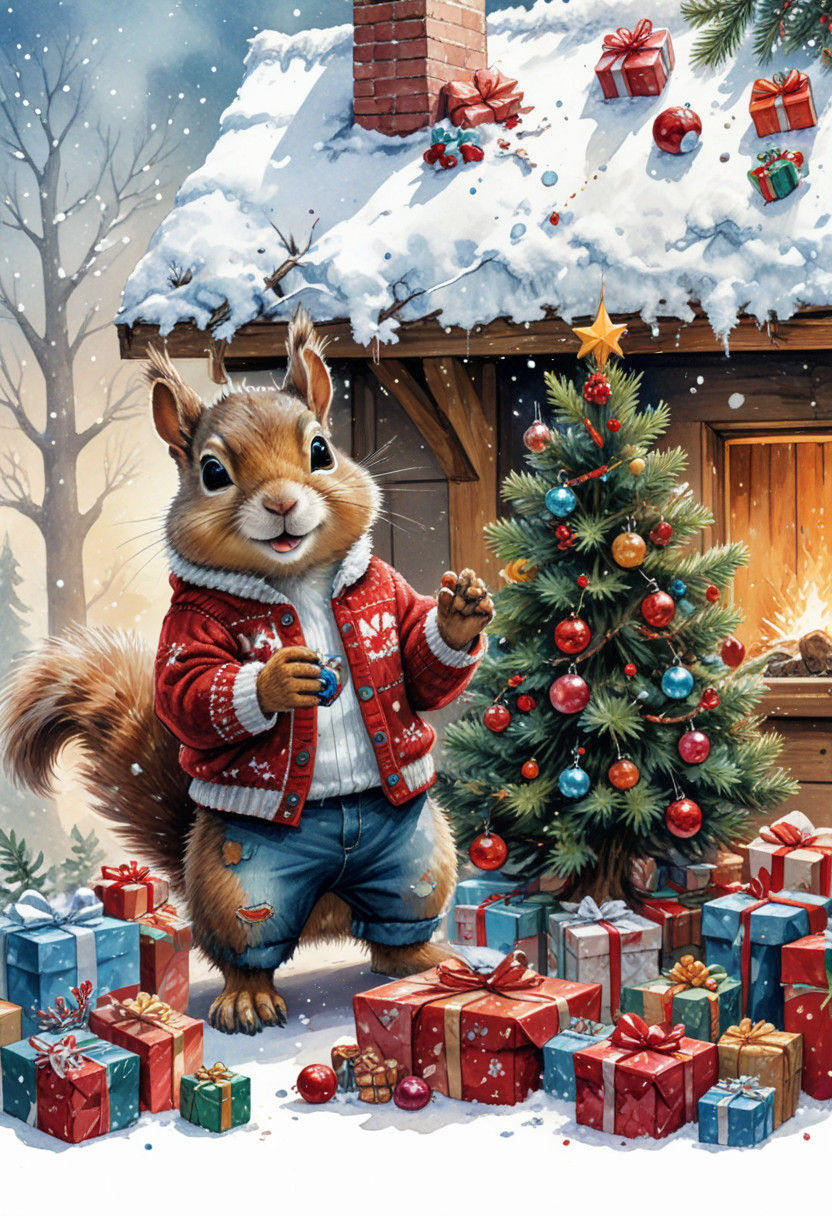 Joyful Squirrel Surrounded by Christmas Gifts in Snowy Scene