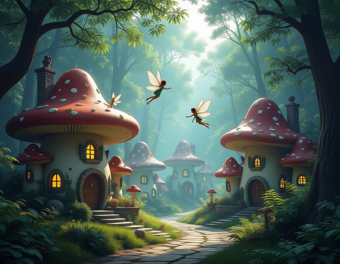 Fairies Over Mushroom Village in Mystical Forest