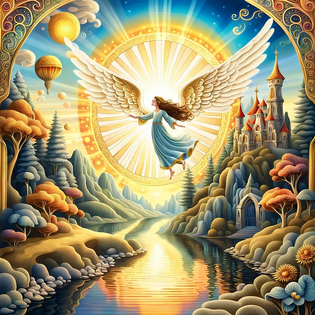 Angel Ascending in a Whimsical Fairytale Landscape
