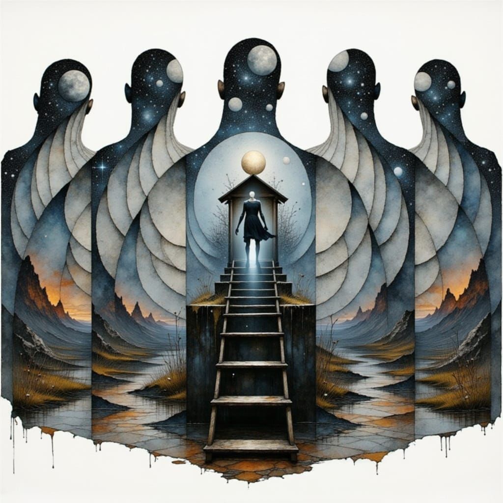 Ethereal Ladder Ascents into Celestial Realms in a Silvery C...