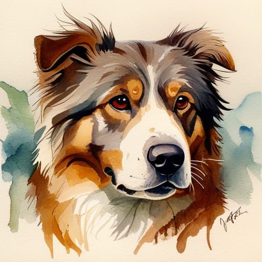Australian Shepherd Watercolour Painting in Fantasy Style