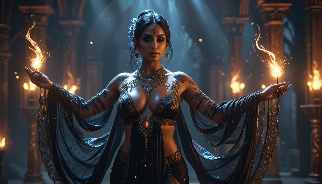 Indian Woman Dances in Gothic Robes with Ethereal Magic