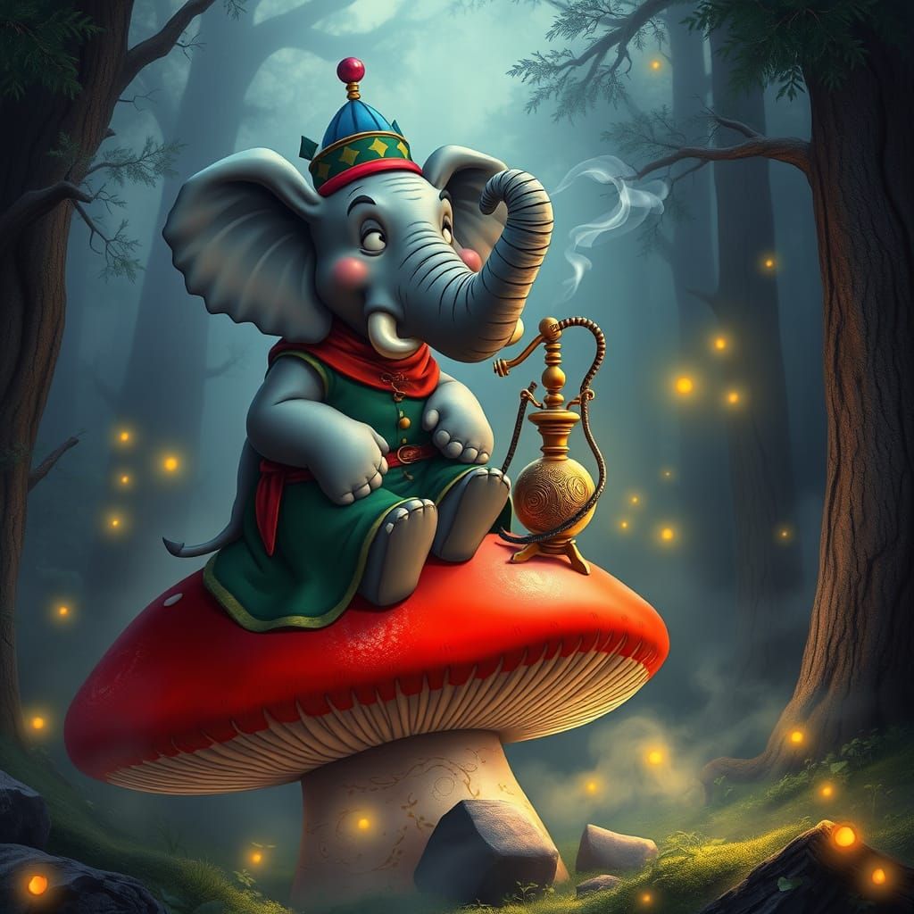 A digital illustration of a whimsical anthropomorphic elephant, styled after the Asterix character, comfortably seated a...