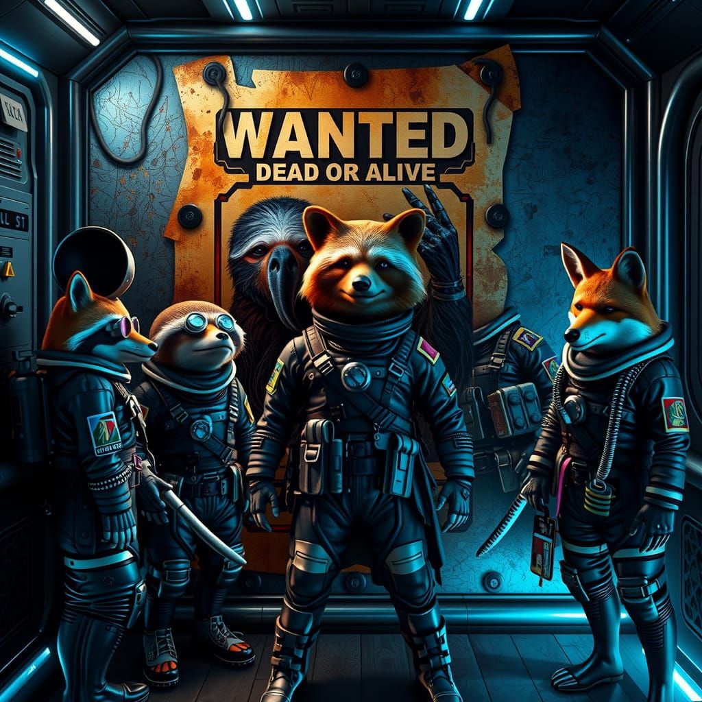 Space Pirate Animals in Dystopian Cyberpunk Scene