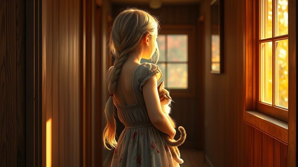 Girl and Cat Gaze Out Window in Art Nouveau Style