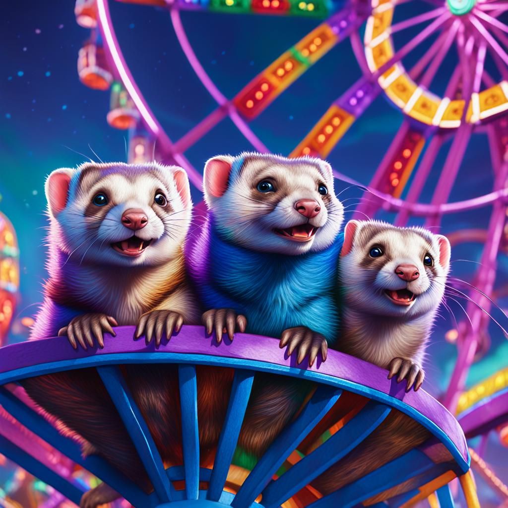 Ferrets Ride Ferris Wheel at a Vibrant Fair