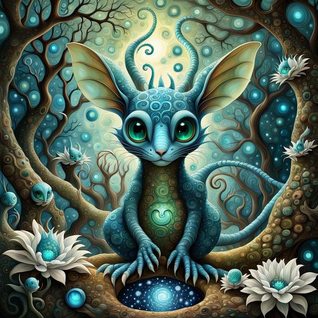 Joyful Alien Dragon-Mice Family in Fractal Garden