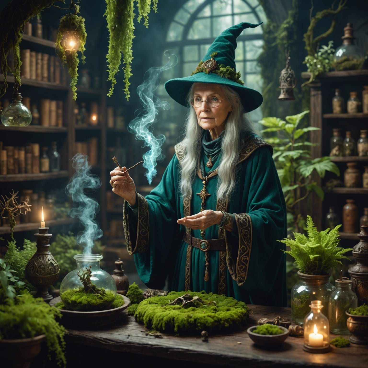 Wise Wizard Summons Mist Spirit in Fantasy Lab