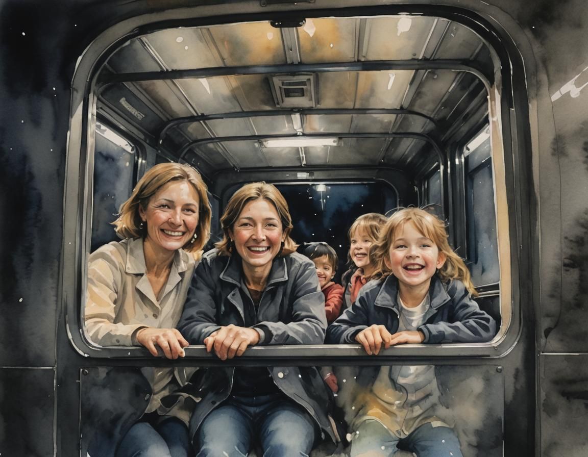 Family on Train Journey Through Tunnel, Watercolour