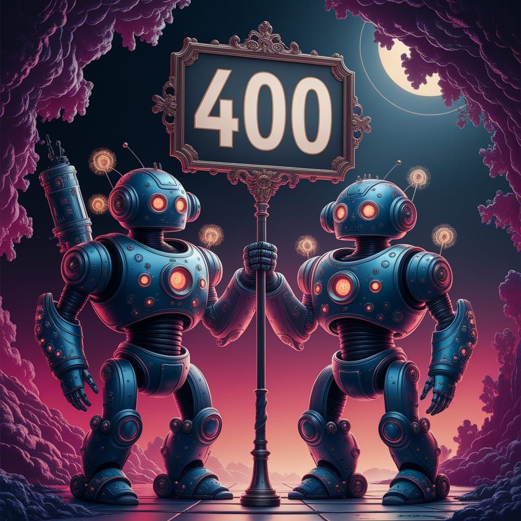 Fantastical Robots Hold Mysterious Sign 400 in Vibrant Conce...