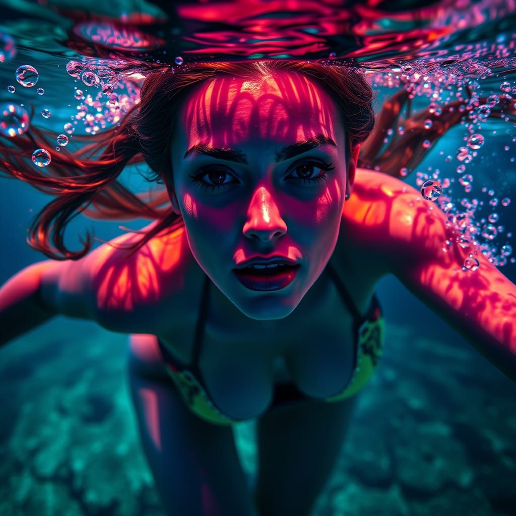 Beautiful Woman Swimming Underwater in Fantasy Fauna