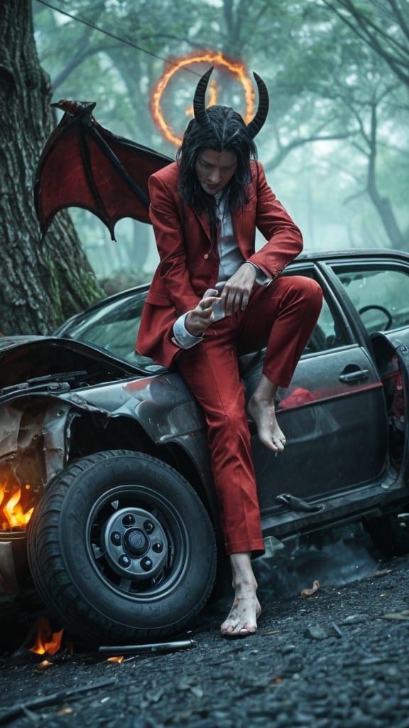 Car Crash Scene with Devil in Digital Art Style