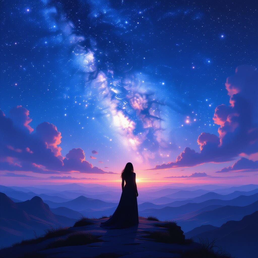 Woman at Precipice of Ethereal Twilight Landscape