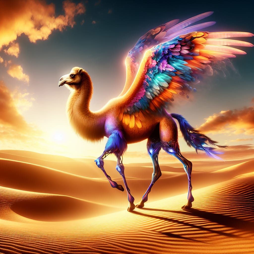 Surreal Camel Bird Soars in Golden Desert Sunset