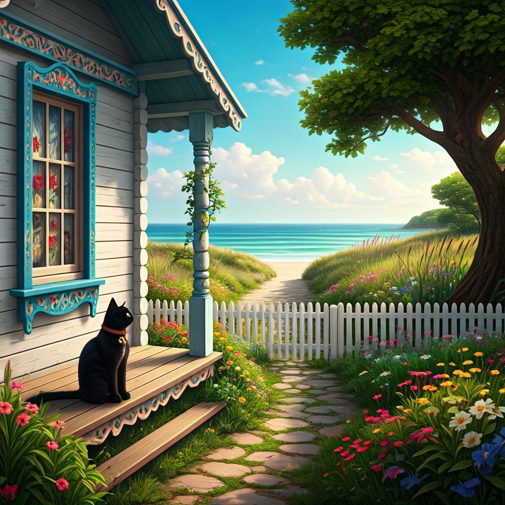 Black Cat on Cottage Porch, Fantasy Concept Art
