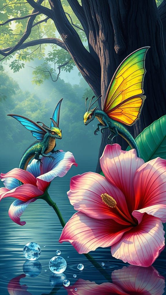 Vibrant Iridescent Dragons Perch on Tropical Flowers