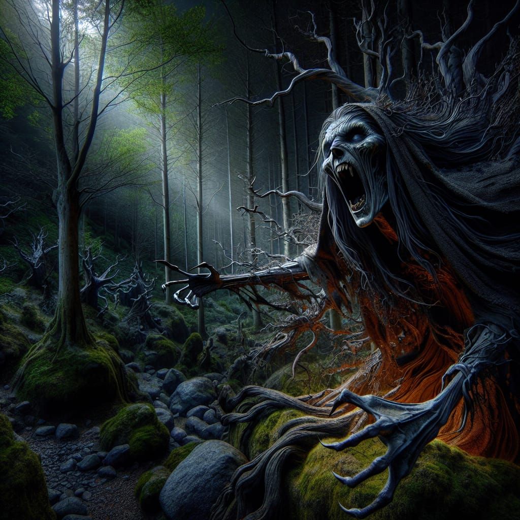 Fearsome Banshee Screaming in Deep Forest