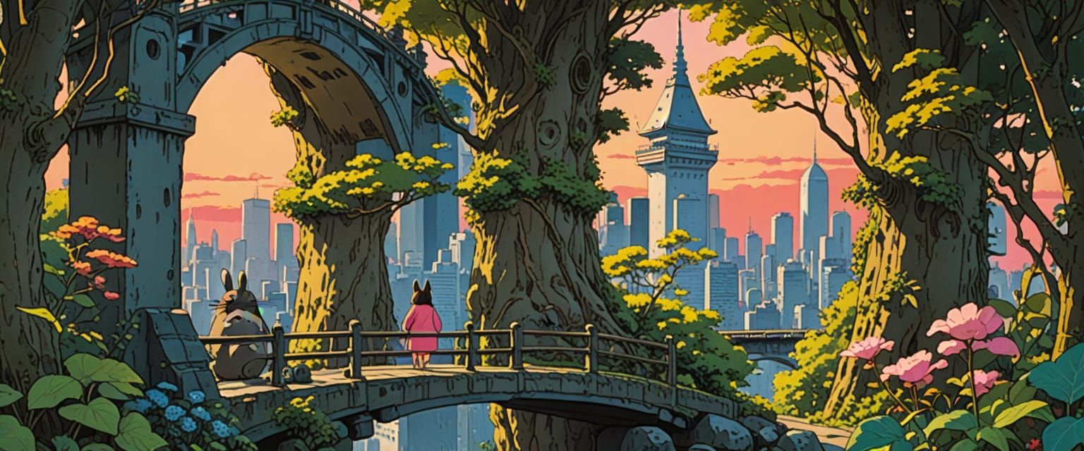 Totoro Overlooking Tokyo in Watercolor Comic Style