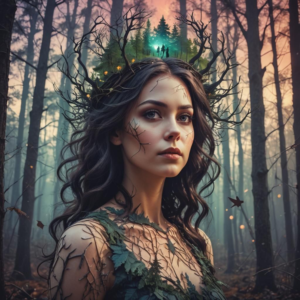 Ethereal Woman: Double Exposure Forest and Stars