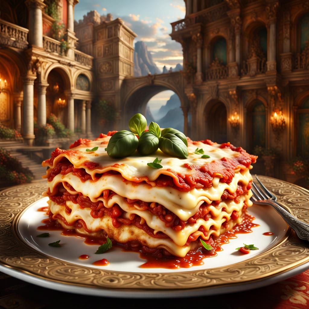 Cheesy Lasagna Slice: Hyperdetailed Digital Matte Painting