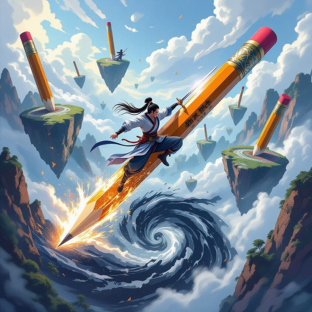 Wuxia Warrior Leaps Between Giant Pencil Islands