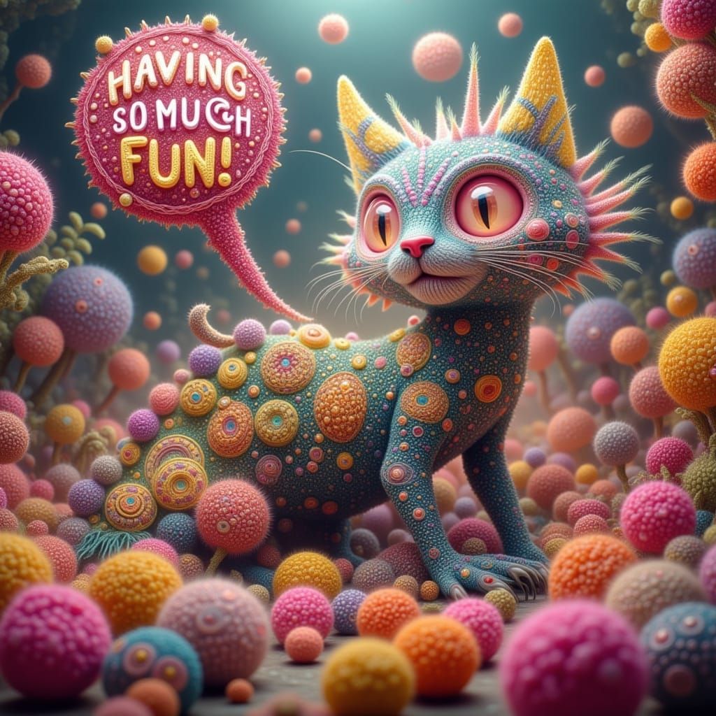 Playful Cat Monster Hiding in Pom-Poms