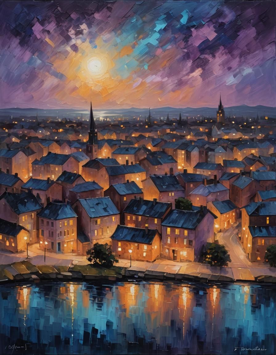 Night Townscape in Impasto Painting Style